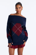 Charming Trouble Off Shoulder Argyle Pullover Sweater - Navy/combo