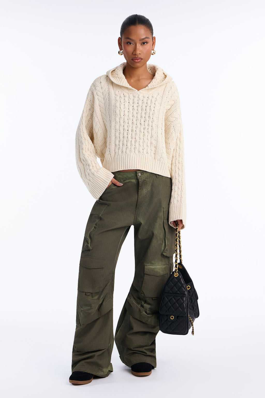 Fall Feels Only Chunky Yarn Hooded Sweater - Ivory
