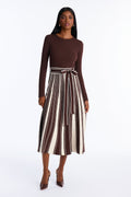 Danica A Line Knit Long Sleeve Midi Dress - Brown/combo