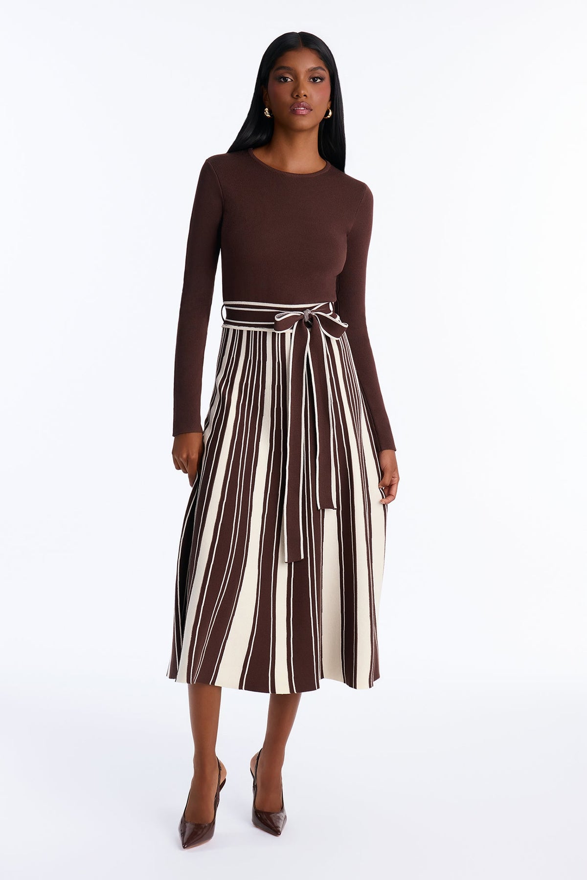 Danica A Line Knit Long Sleeve Midi Dress - Brown/combo
