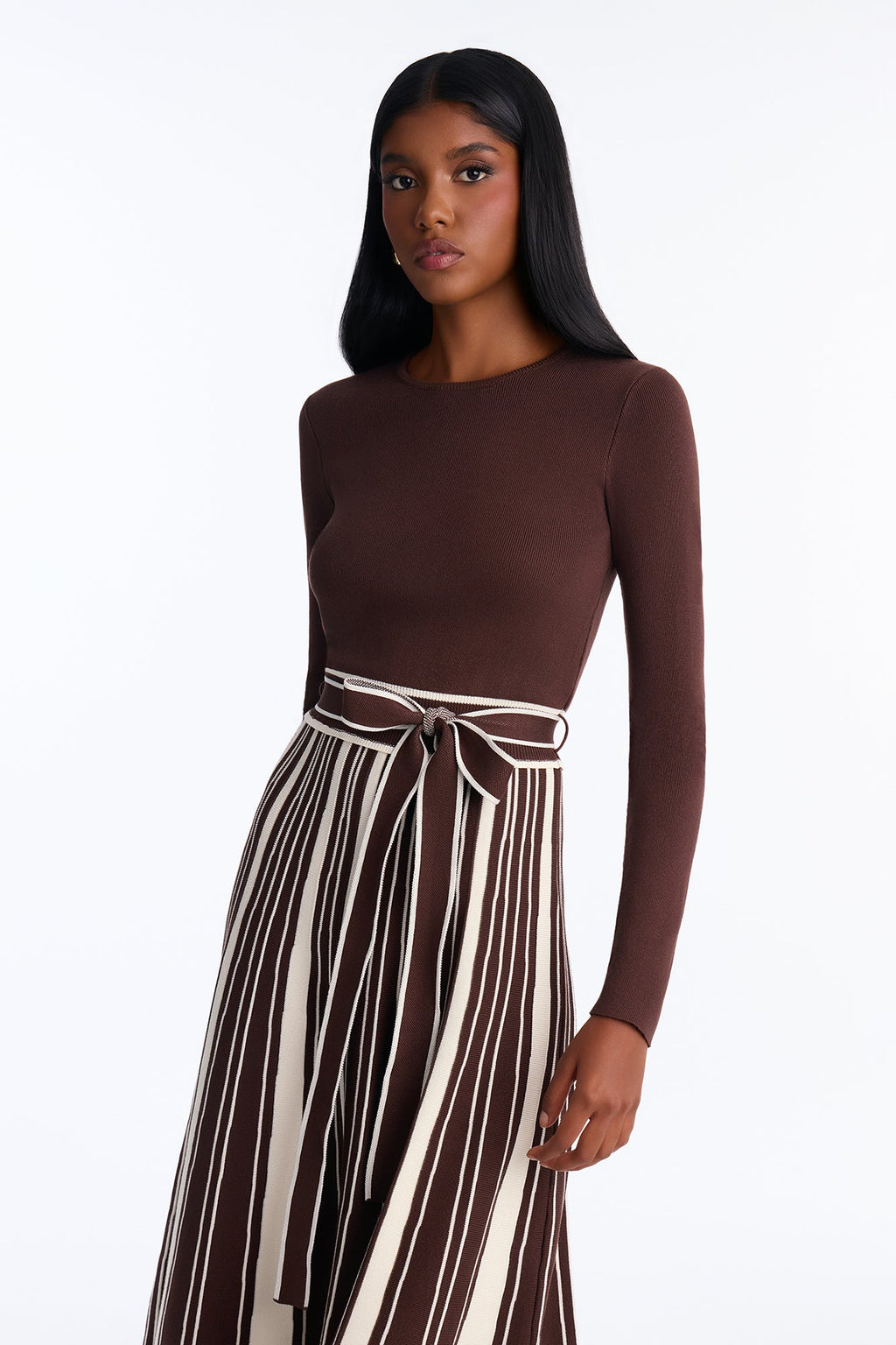 Danica A Line Knit Long Sleeve Midi Dress - Brown/combo