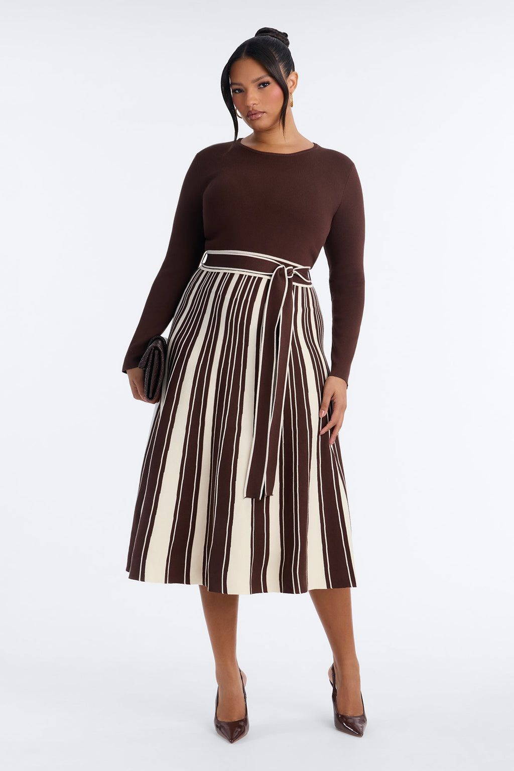 Danica A Line Knit Long Sleeve Midi Dress - Brown/combo