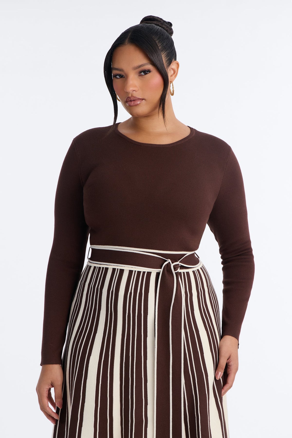 Danica A Line Knit Long Sleeve Midi Dress - Brown/combo