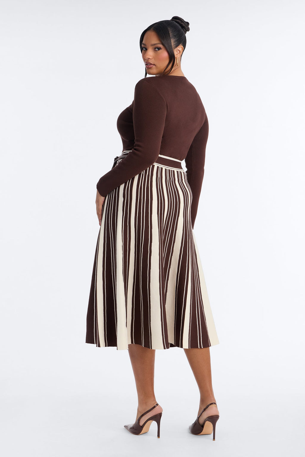 Danica A Line Knit Long Sleeve Midi Dress - Brown/combo