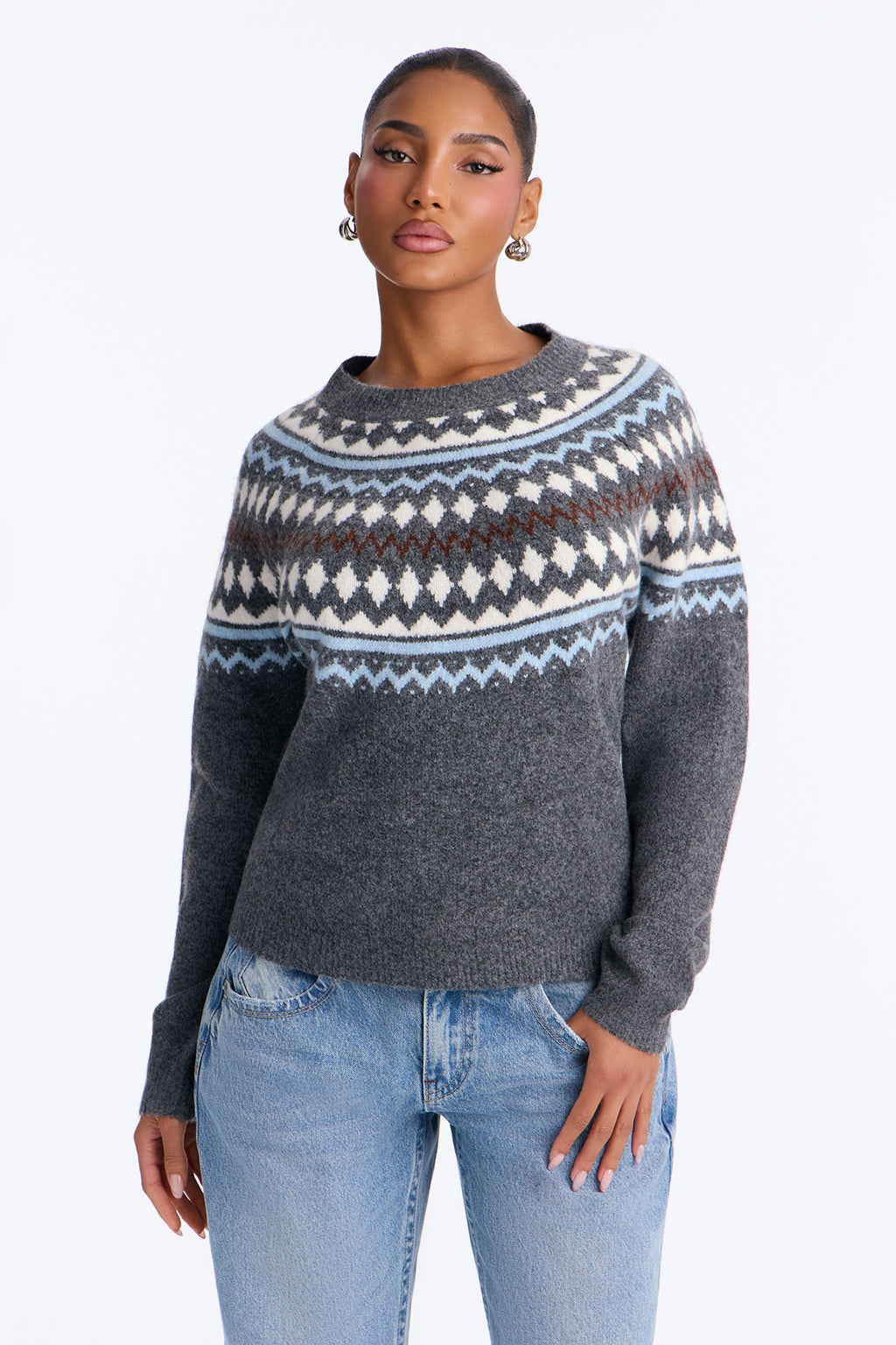 Soft Moments Fair Isle Pullover Sweater - Grey/combo