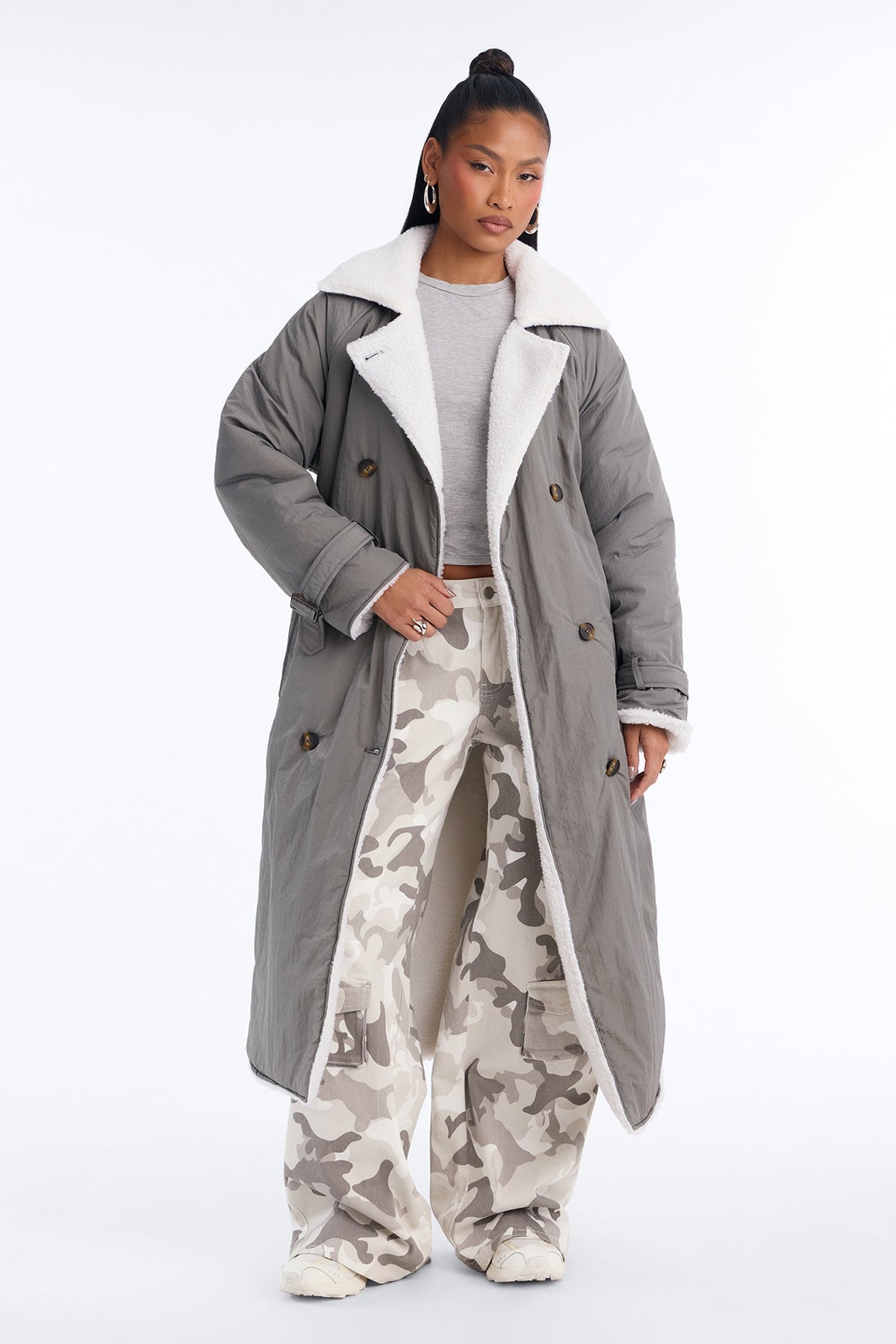 Mountain Escape Belted Sherpa Lined Trench Coat - Charcoal