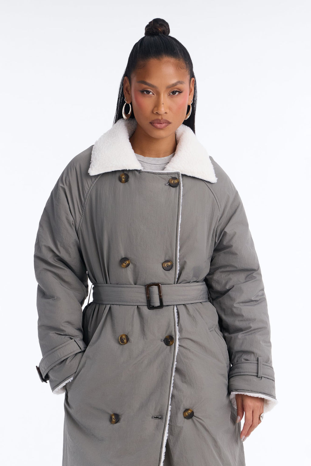 Mountain Escape Belted Sherpa Lined Trench Coat - Charcoal