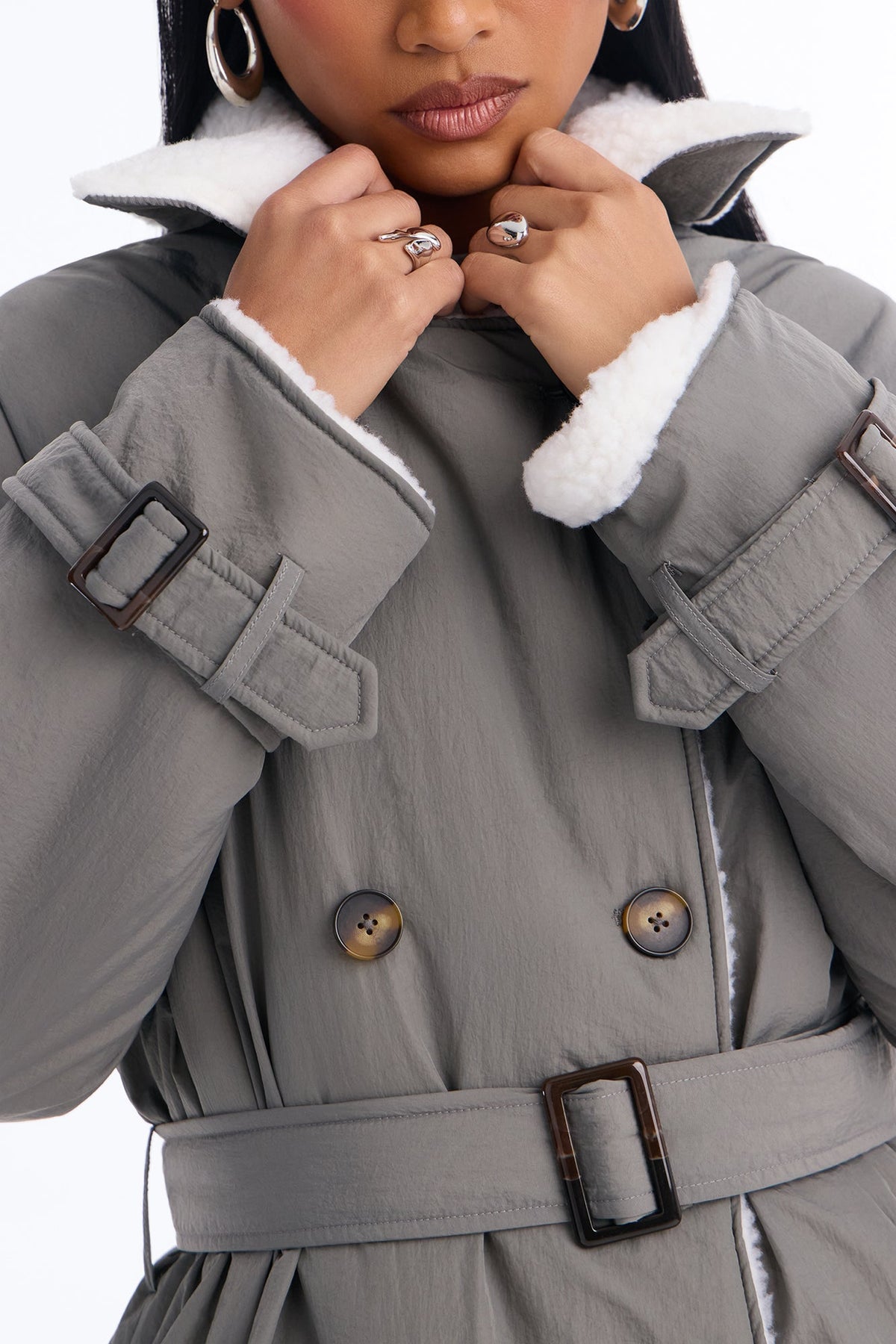 Mountain Escape Belted Sherpa Lined Trench Coat - Charcoal