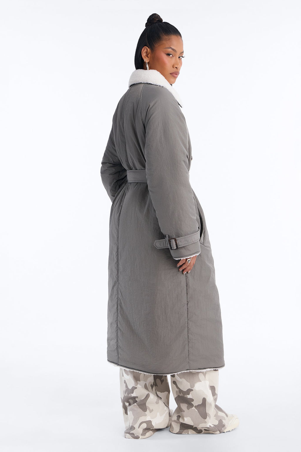 Mountain Escape Belted Sherpa Lined Trench Coat - Charcoal
