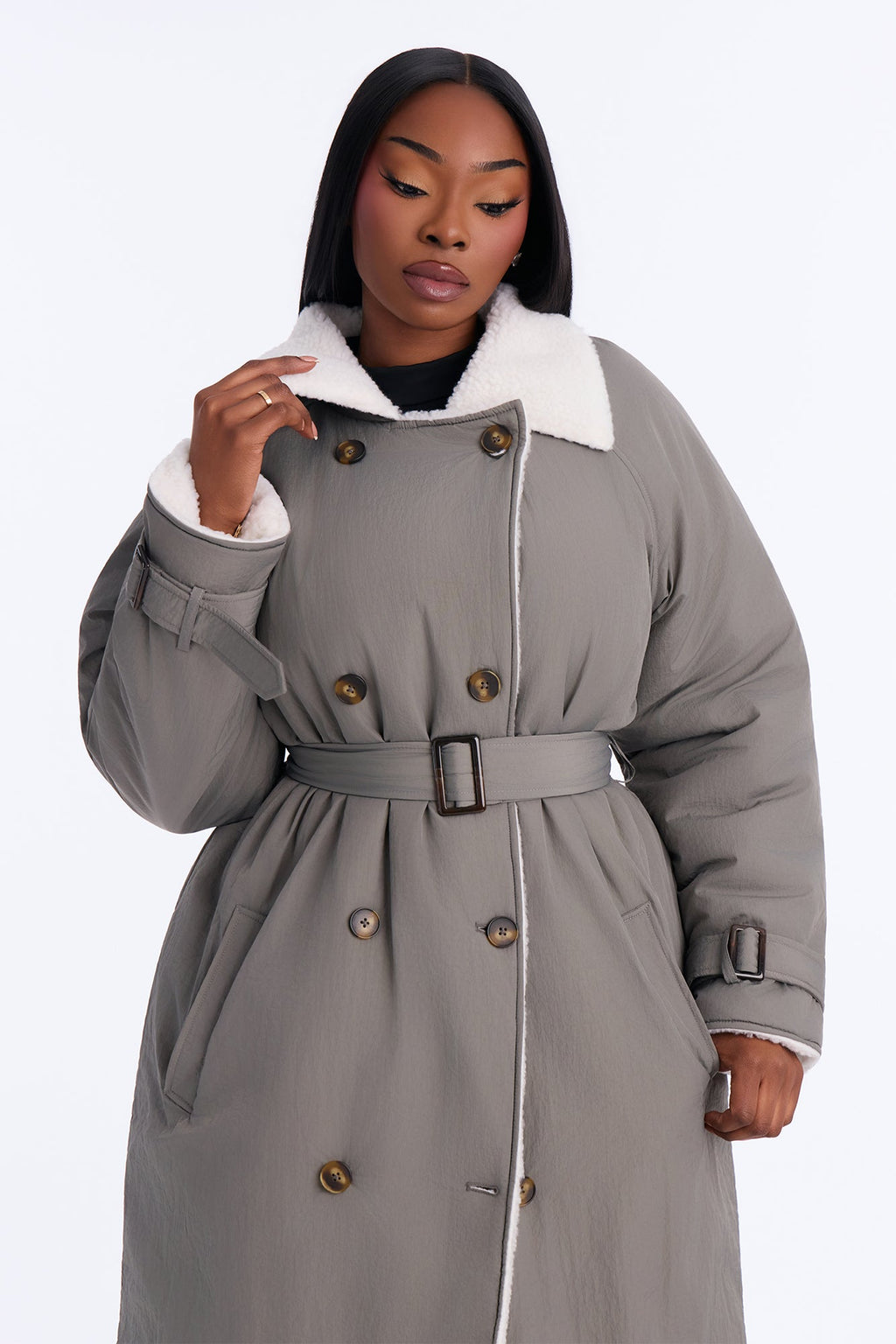 Mountain Escape Belted Sherpa Lined Trench Coat - Charcoal