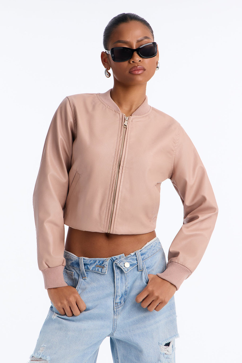 Katie Everyday Faux Leather Bomber Jacket - Pink