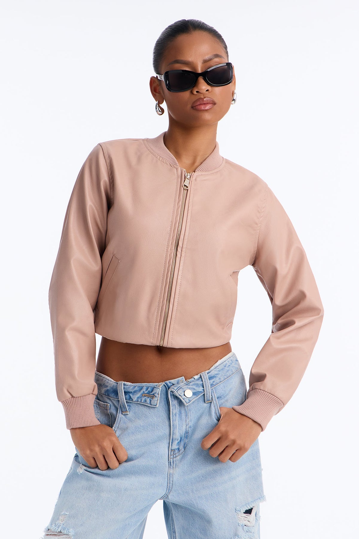 Katie Everyday Faux Leather Bomber Jacket - Pink