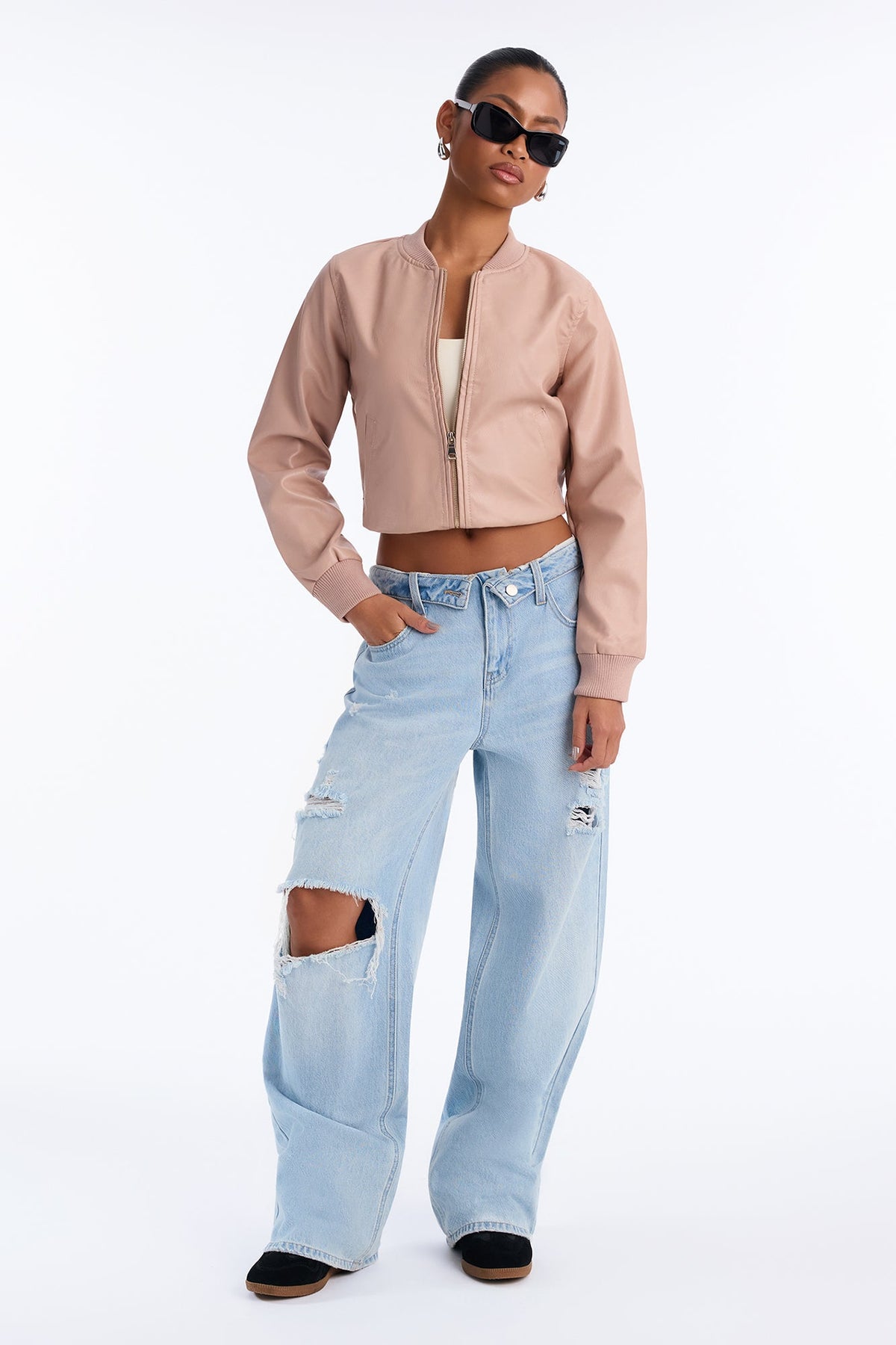 Katie Everyday Faux Leather Bomber Jacket - Pink