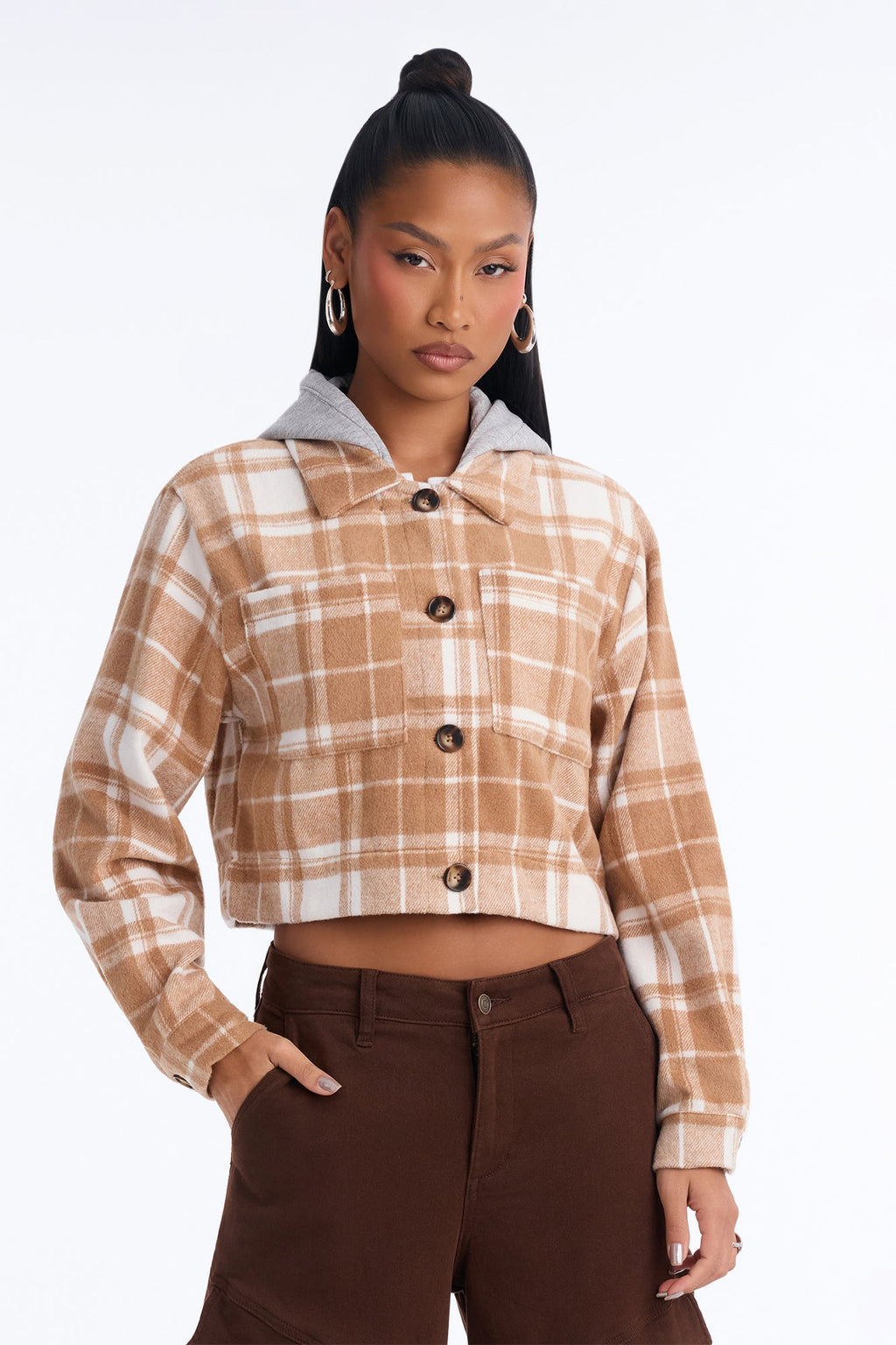 Fall Vibes Hooded Button Up Jacket - Camel/combo