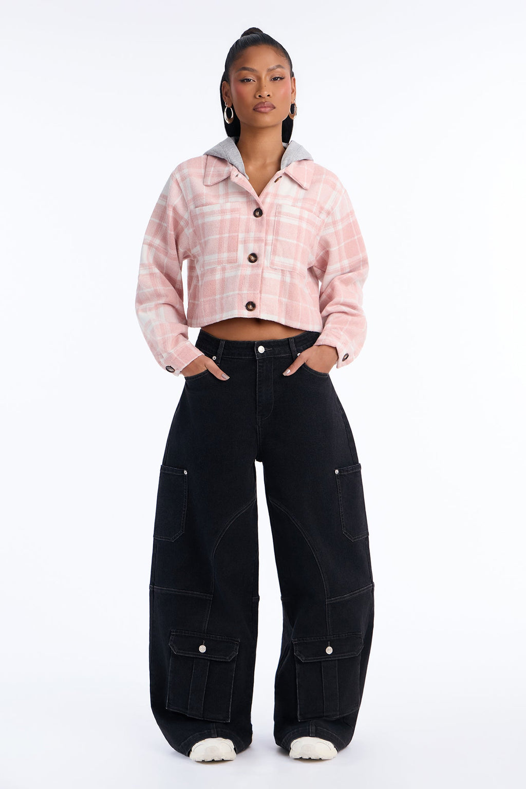Fall Vibes Hooded Button Up Jacket - Pink/combo