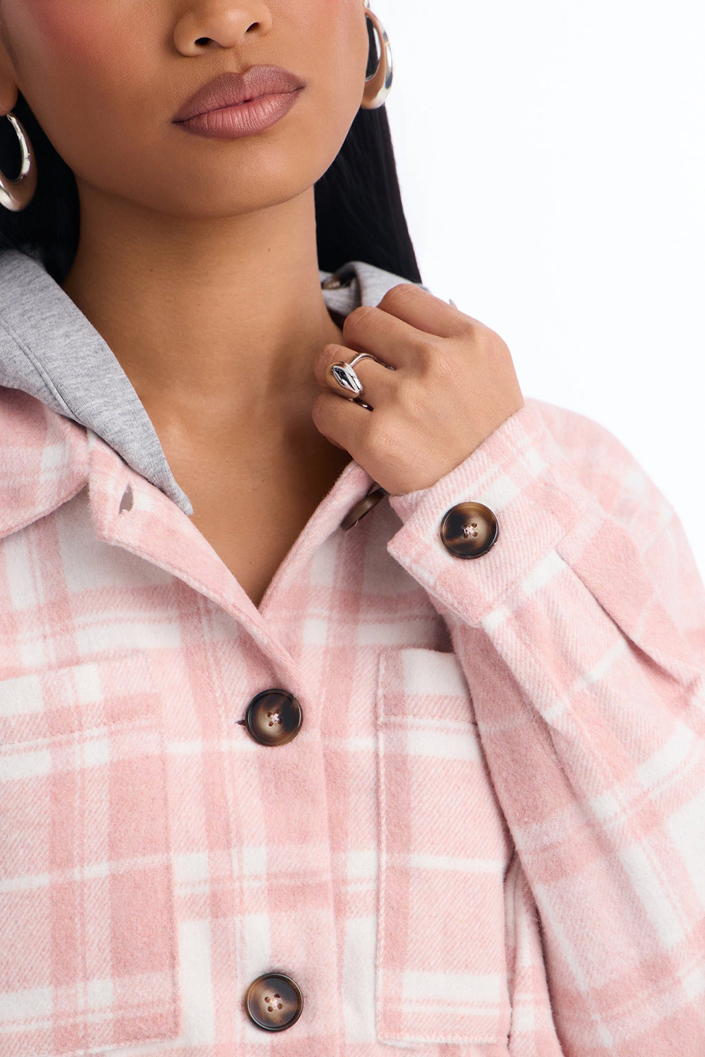 Fall Vibes Hooded Button Up Jacket - Pink/combo