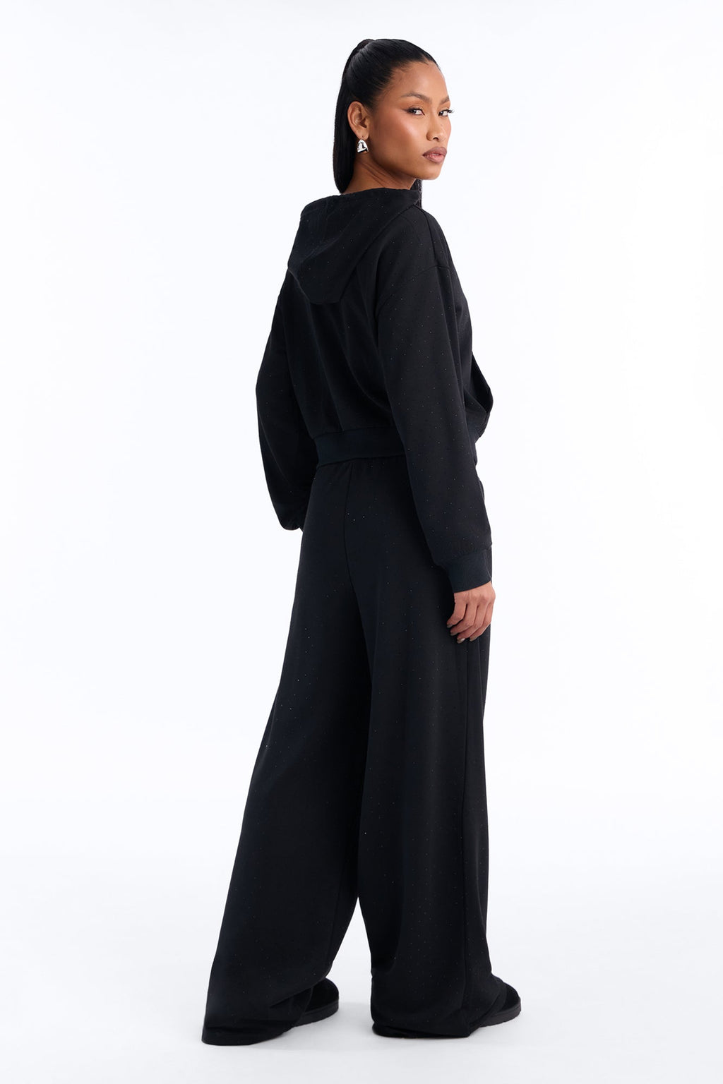 Raeva Fleece Rhinestone Pant Set - Black