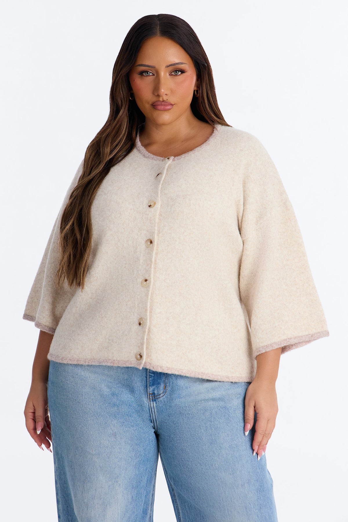 Shanya Short Sleeve Button Up Cardigan - Oatmeal/combo