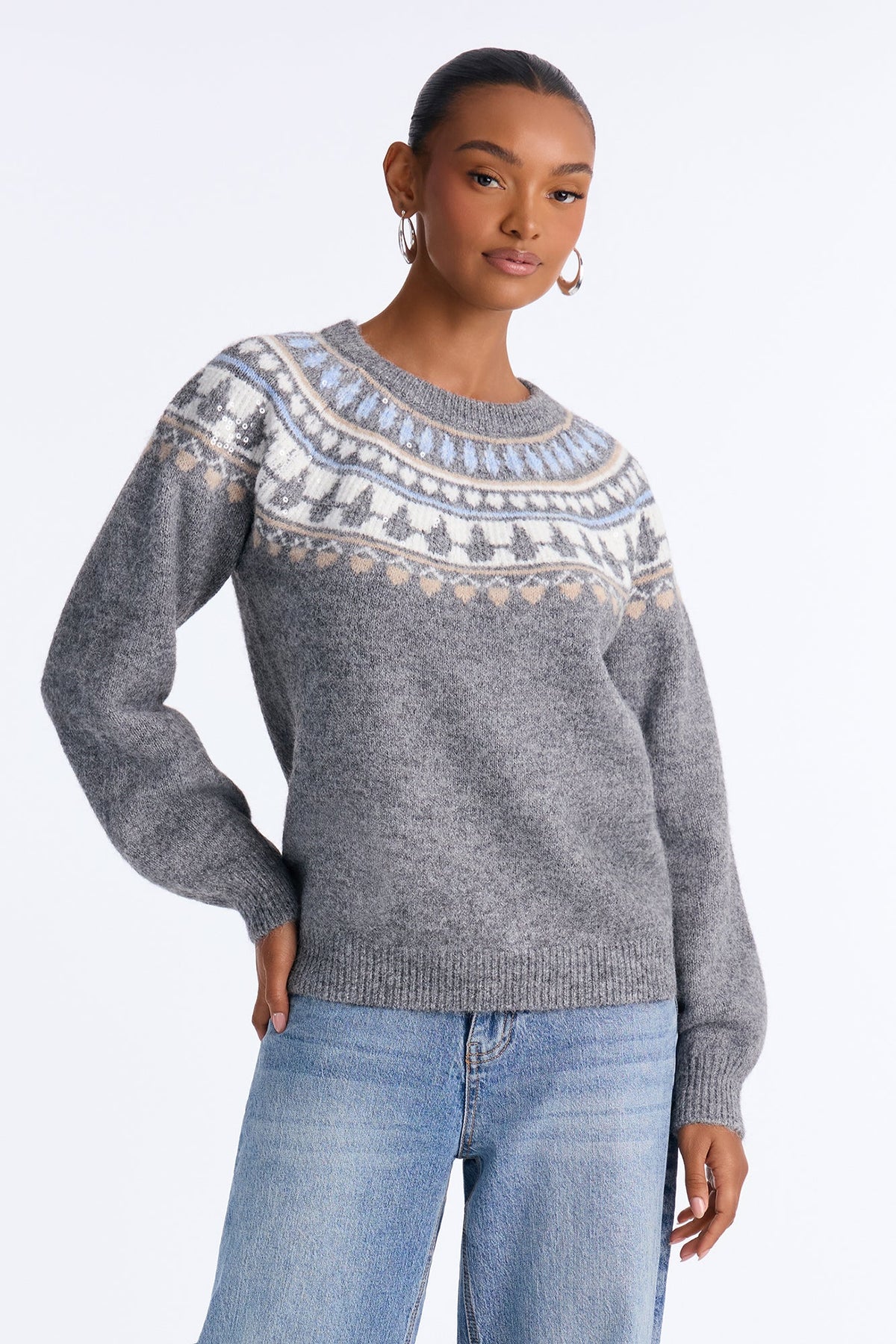 Holiday Joy Sequin Fair Isle Pullover Sweater - Grey/combo