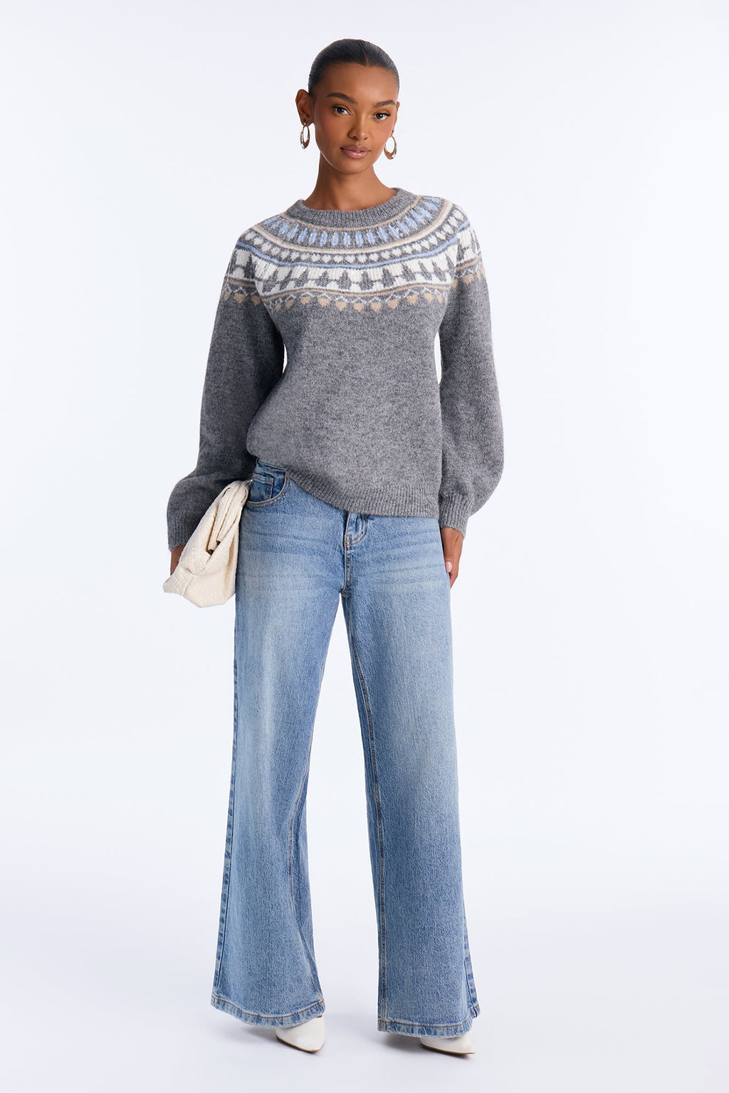 Holiday Joy Sequin Fair Isle Pullover Sweater - Grey/combo