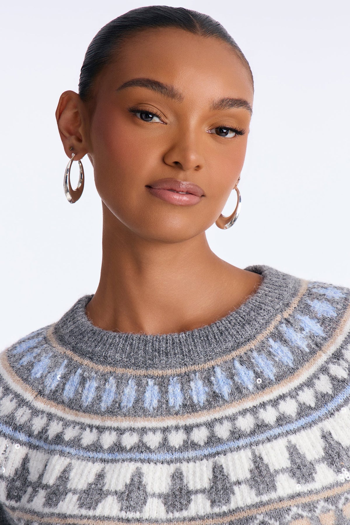 Holiday Joy Sequin Fair Isle Pullover Sweater - Grey/combo