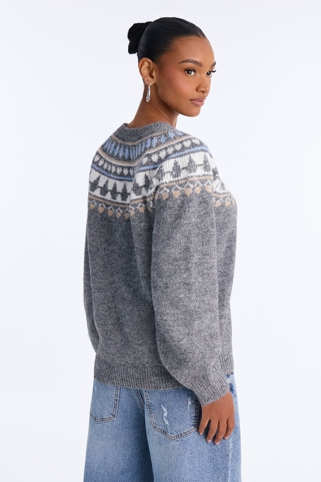 Holiday Joy Sequin Fair Isle Pullover Sweater - Grey/combo
