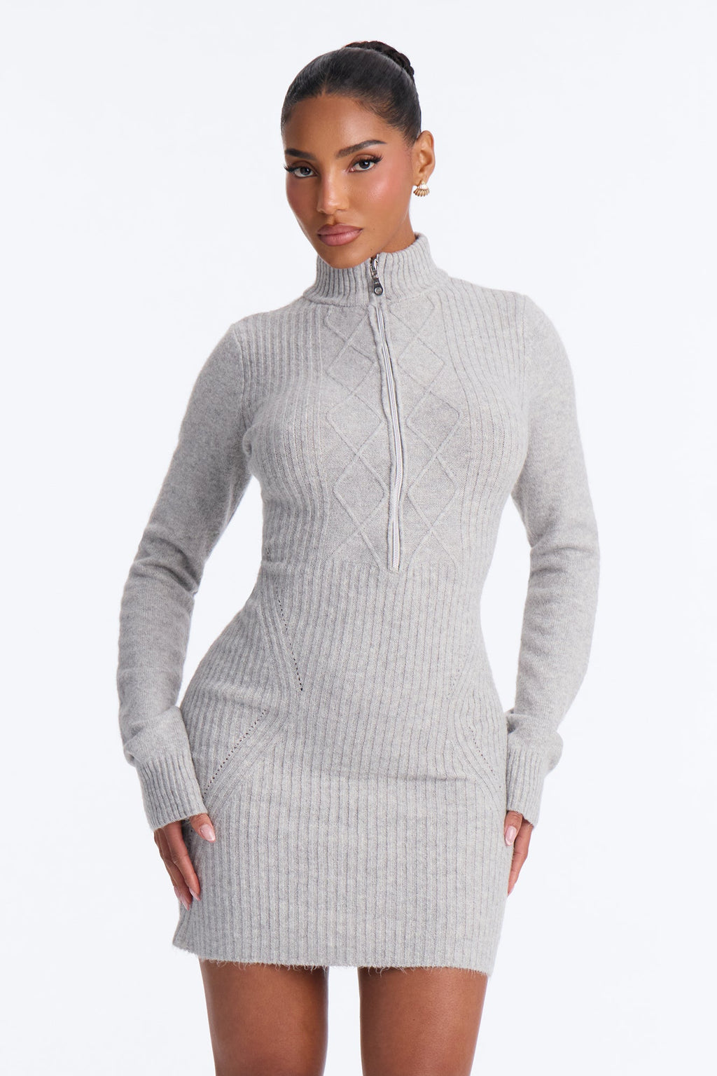 Madelyn Zip Front Sweater Mini Dress - Heather Grey