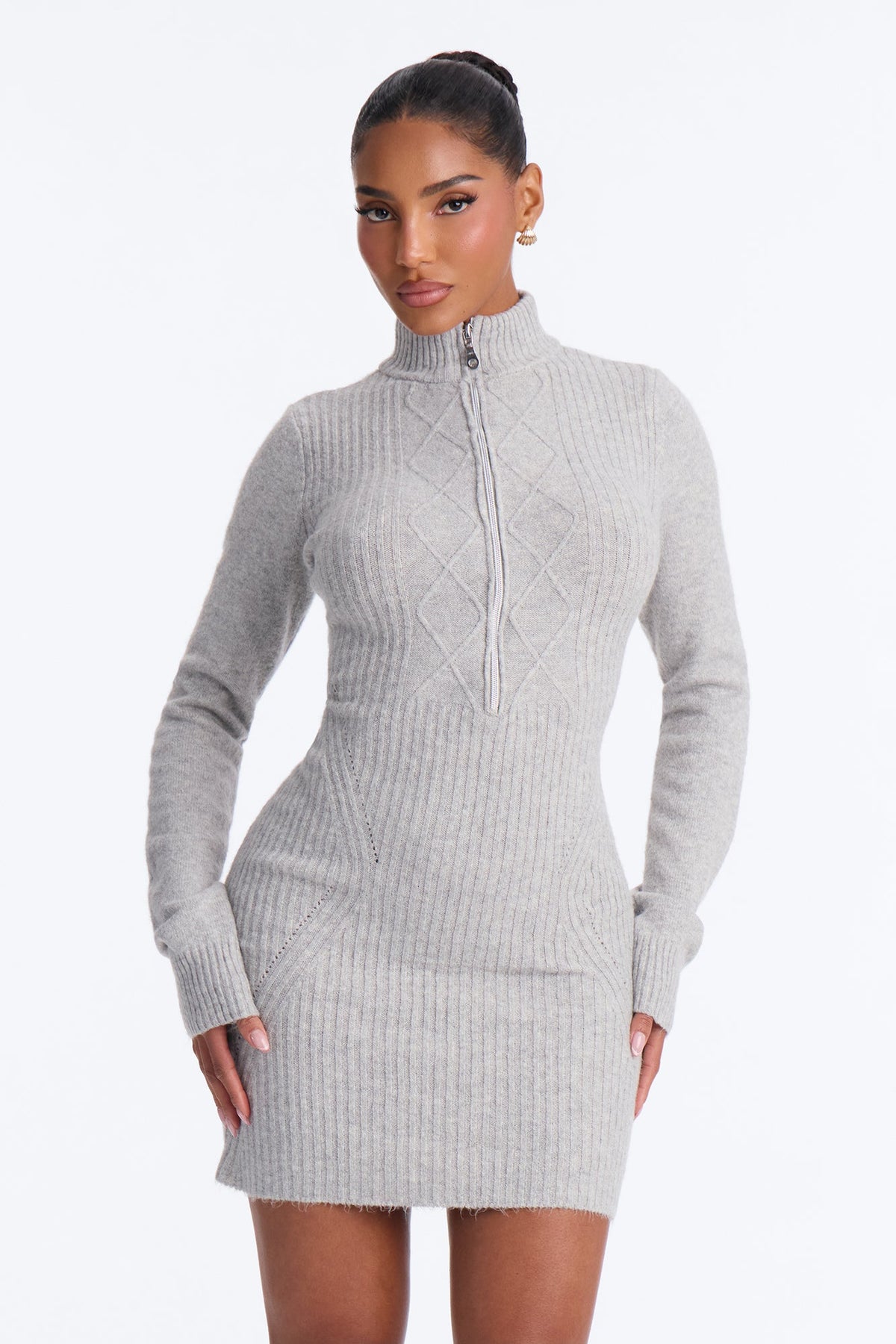 Madelyn Zip Front Sweater Mini Dress - Heather Grey