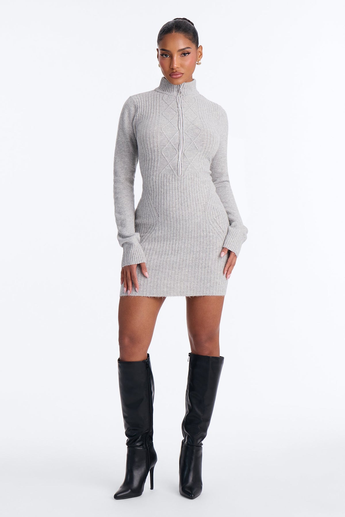 Madelyn Zip Front Sweater Mini Dress - Heather Grey