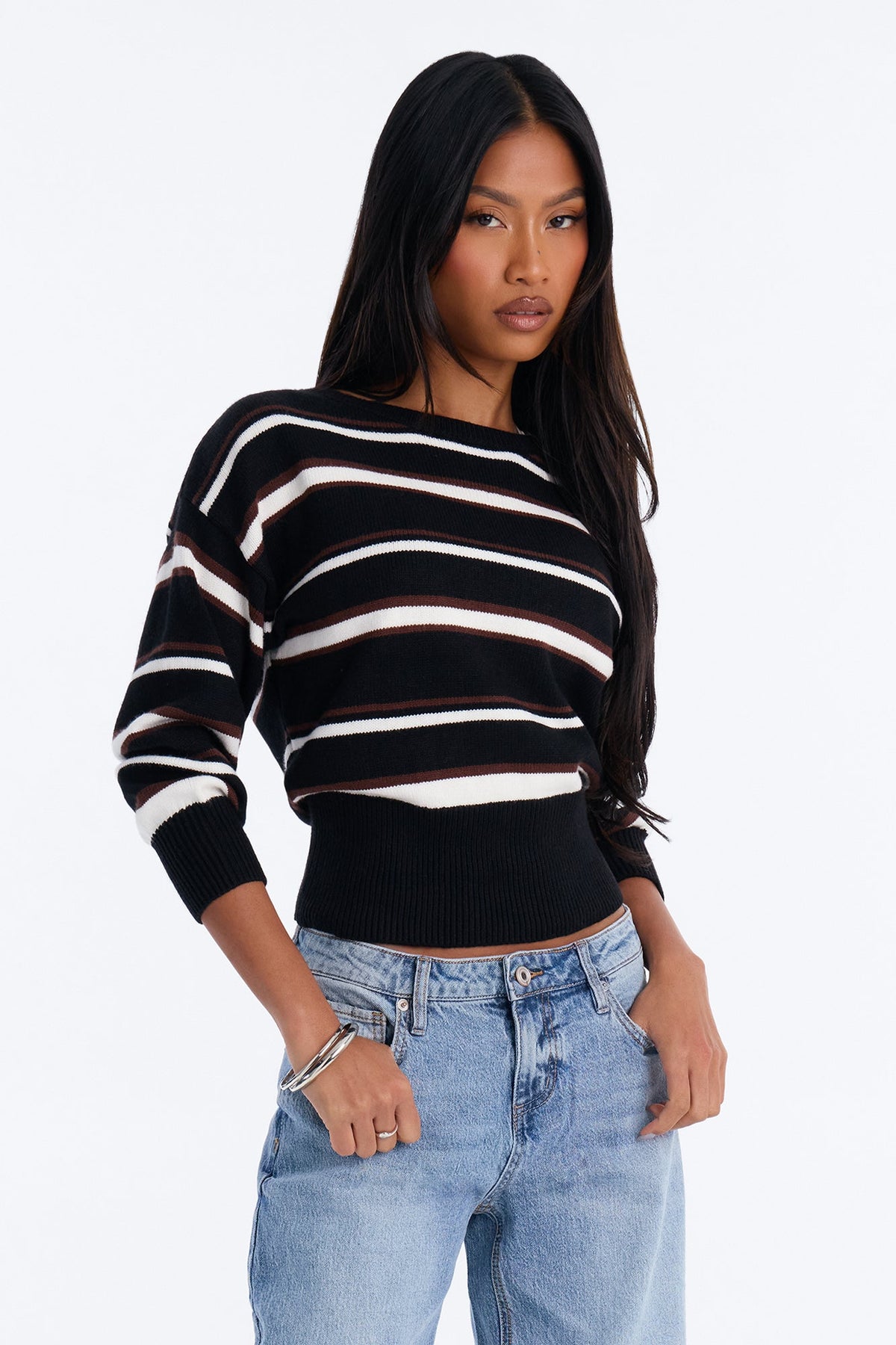 Elena Striped Long Sleeve Sweater - Black/combo