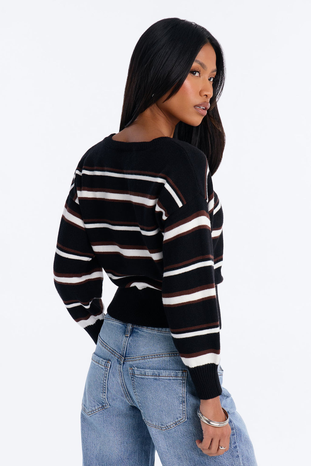 Elena Striped Long Sleeve Sweater - Black/combo