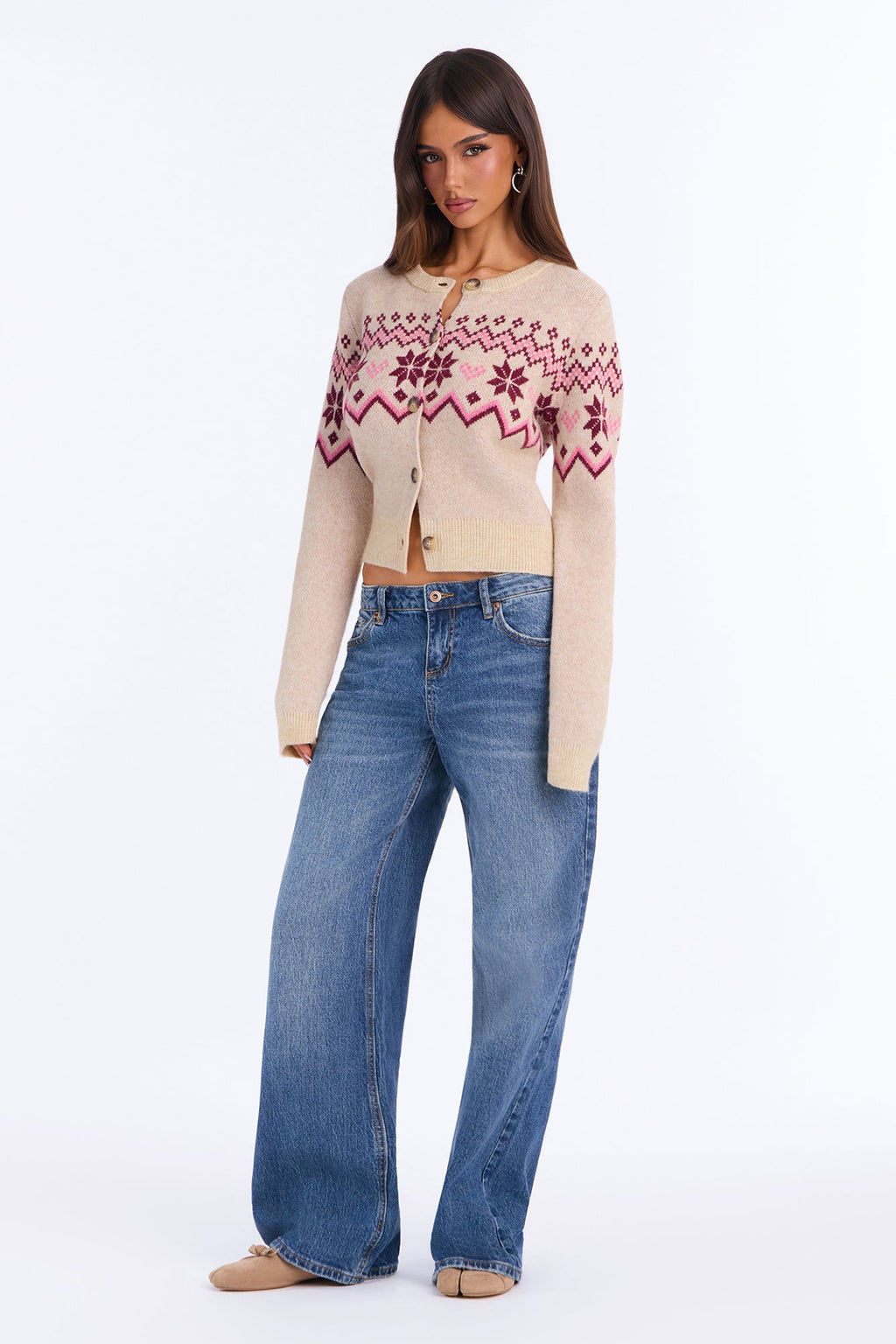 Meagan Fair Isle Long Sleeve Cardigan - Oatmeal/combo