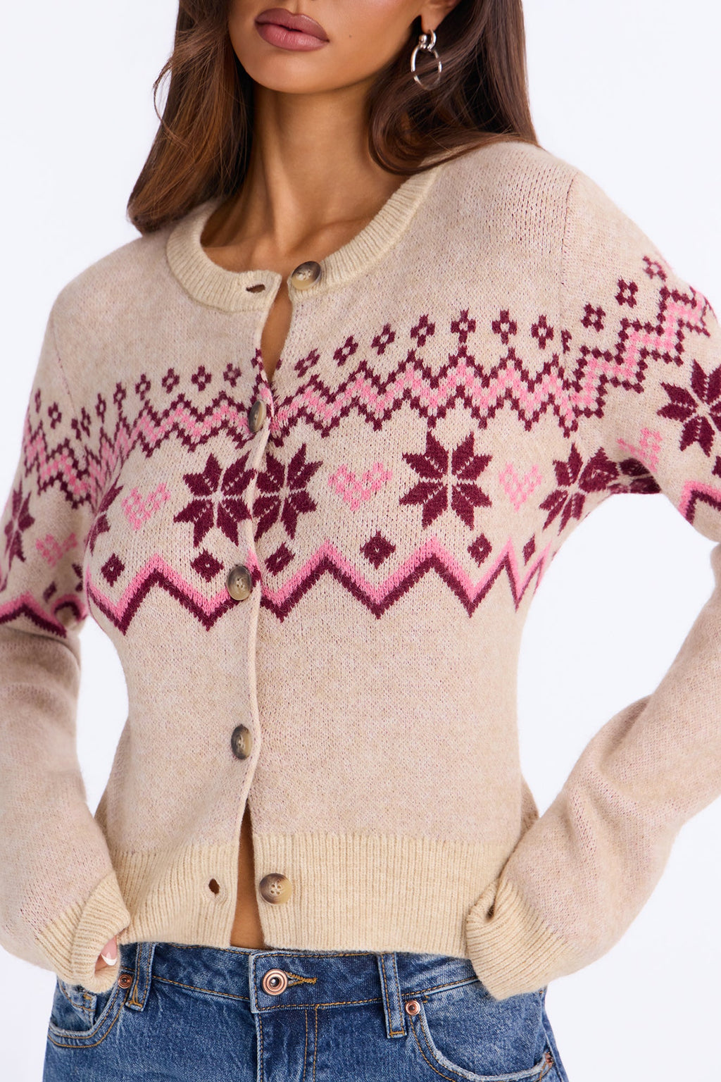 Meagan Fair Isle Long Sleeve Cardigan - Oatmeal/combo