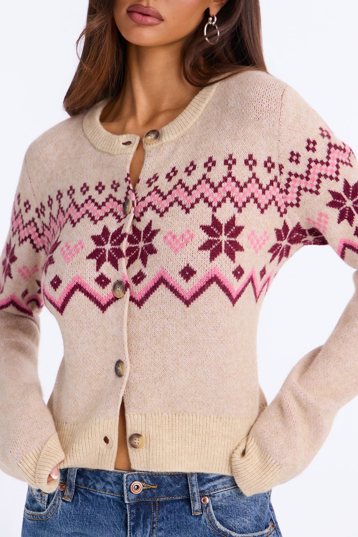 Meagan Fair Isle Long Sleeve Cardigan - Oatmeal/combo