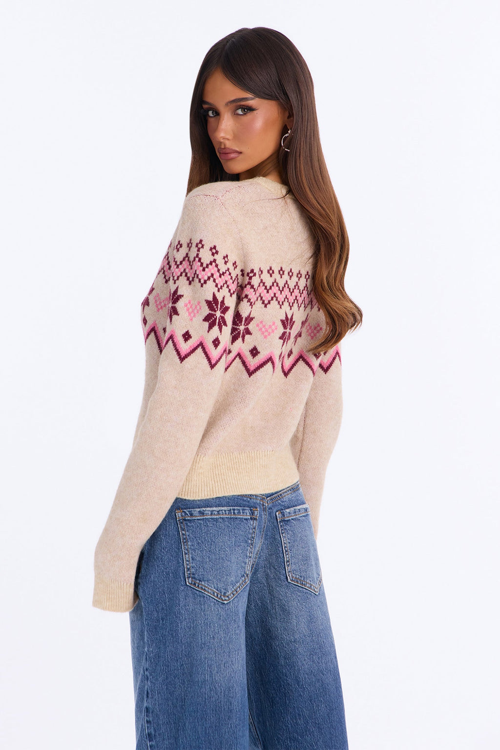 Meagan Fair Isle Long Sleeve Cardigan - Oatmeal/combo
