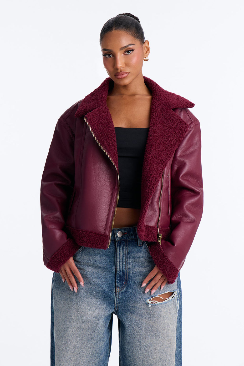 Charisma Faux Leather Shearling Jacket - Burgundy