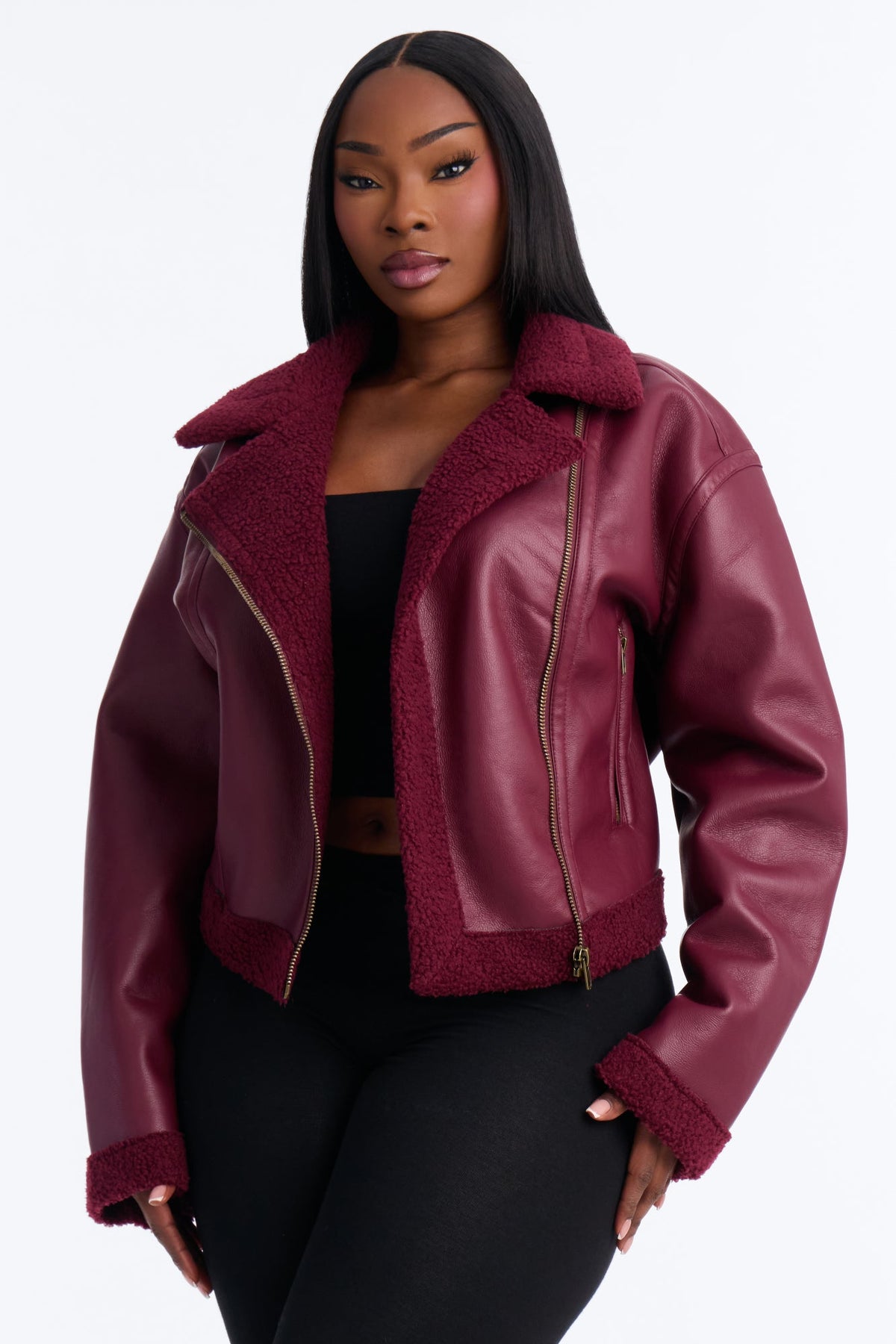 Charisma Faux Leather Shearling Jacket - Burgundy