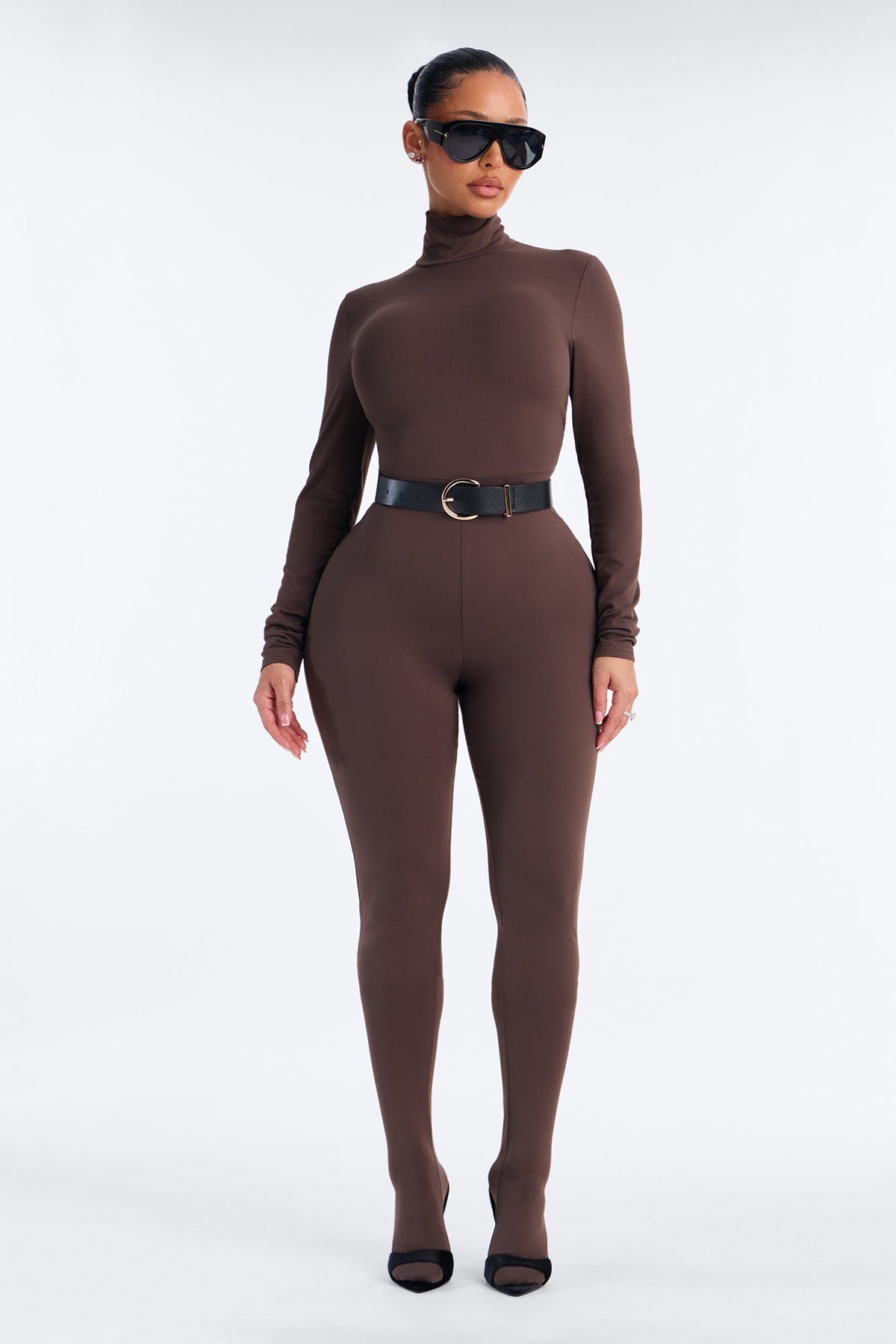 Kept It Classy Belted Catsuit with Footie - Chocolate