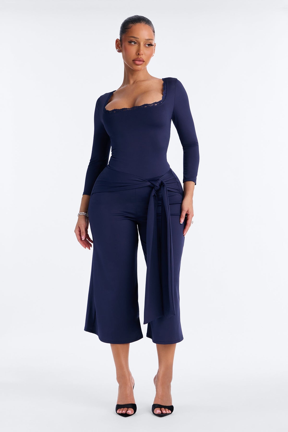 Lucinda Lace Trim Gaucho Jumpsuit - Navy