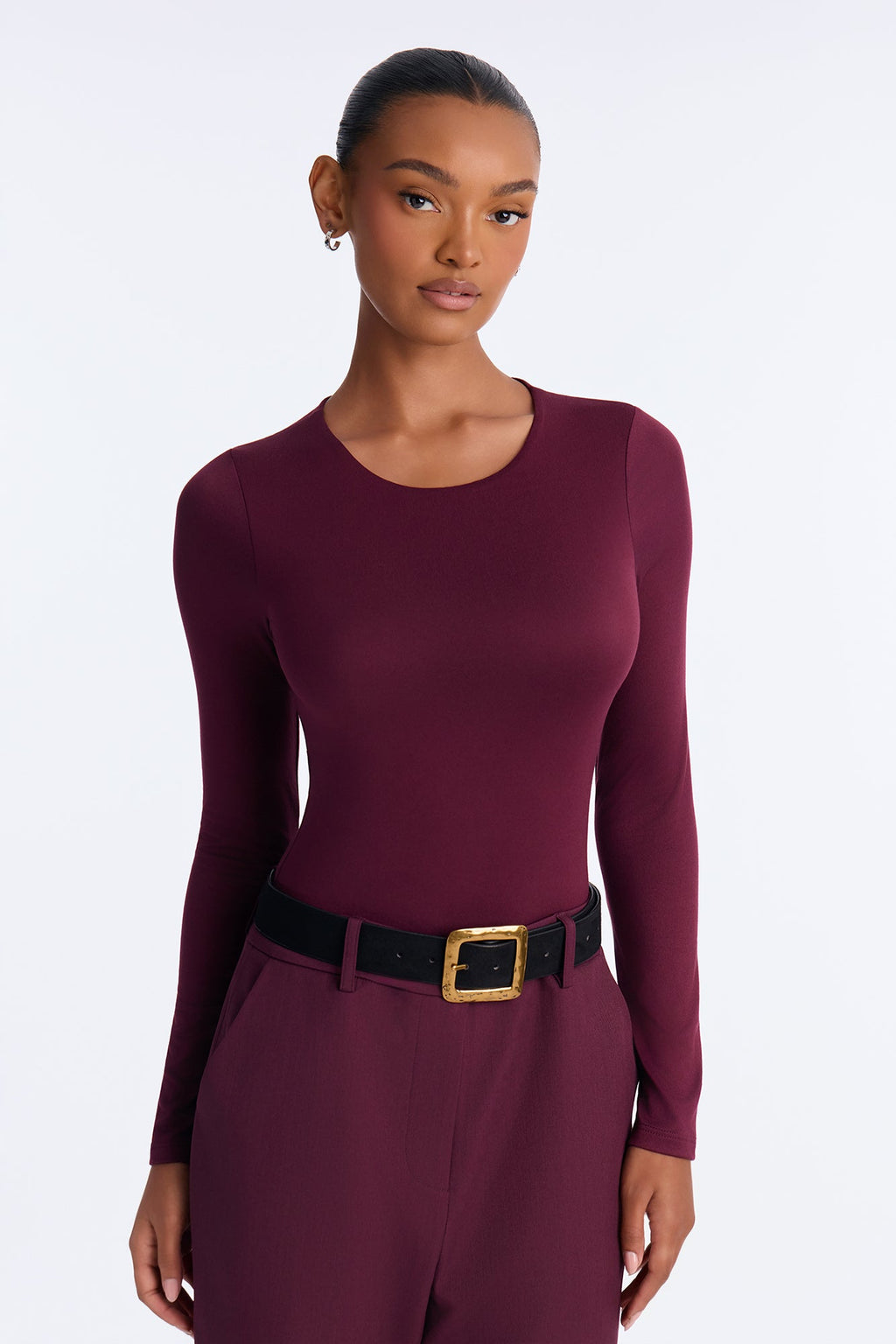 Everyday Double Layered Crew Neck Bodysuit - DarkRed