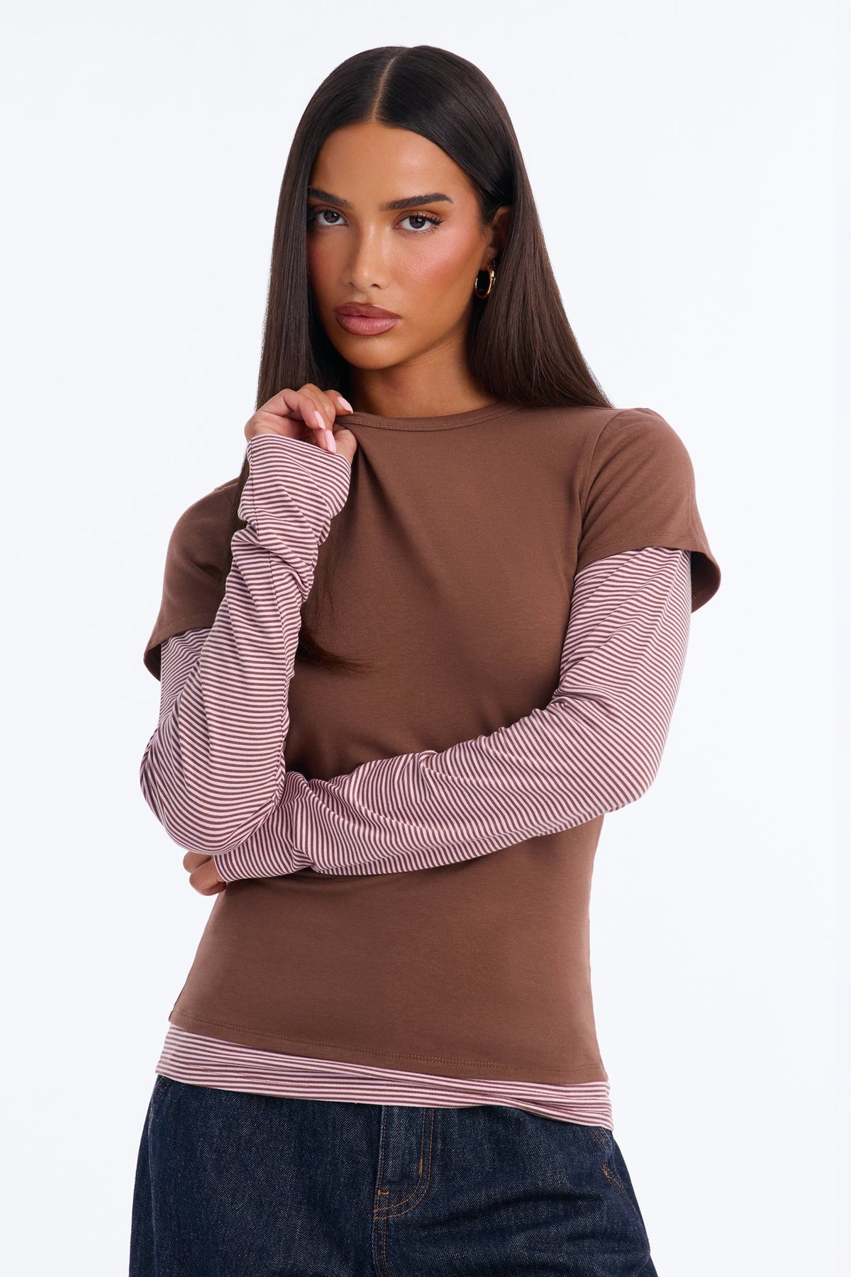 Lily Layered Long Sleeve Top - Brown/combo