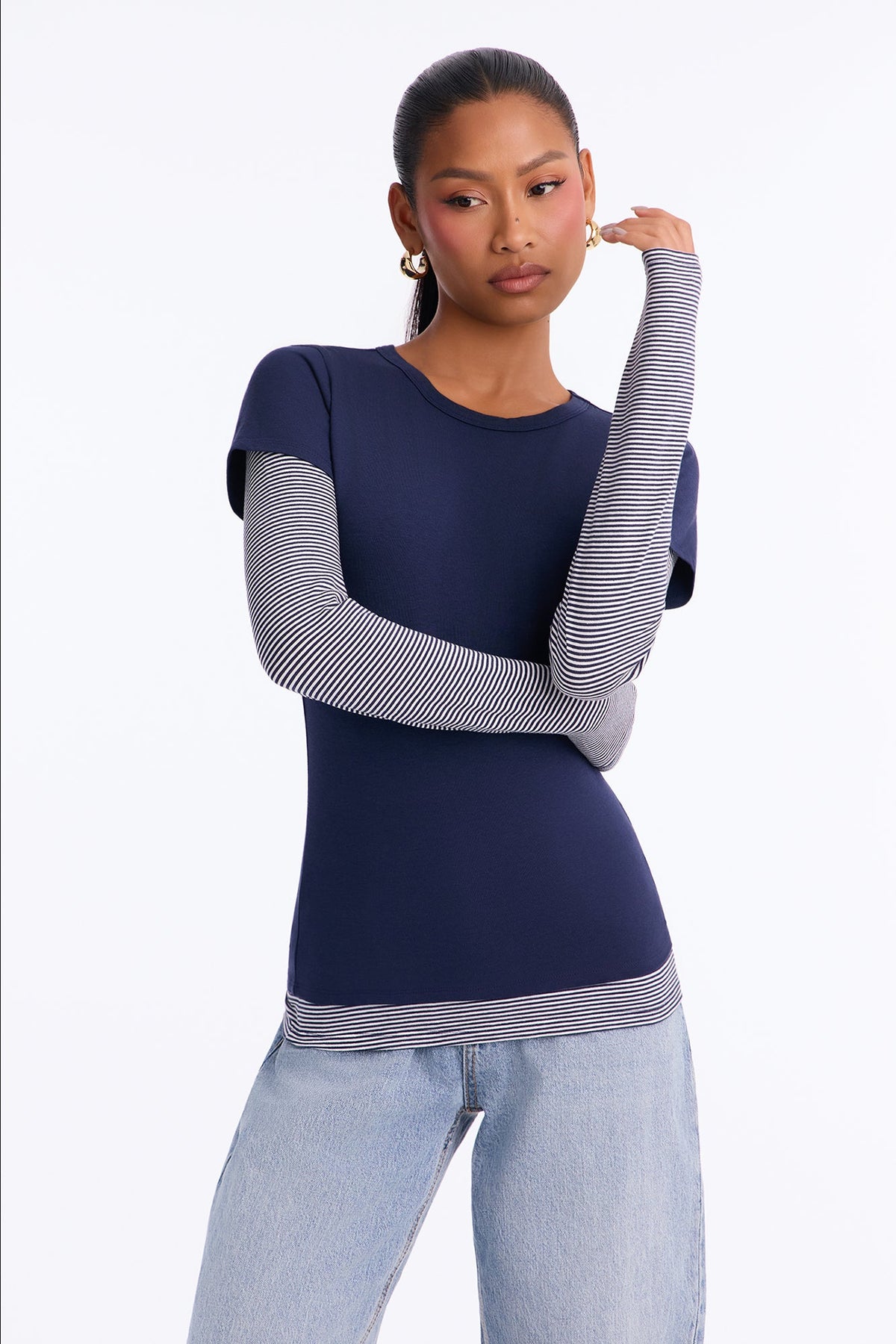 Lily Layered Long Sleeve Top - Navy/combo