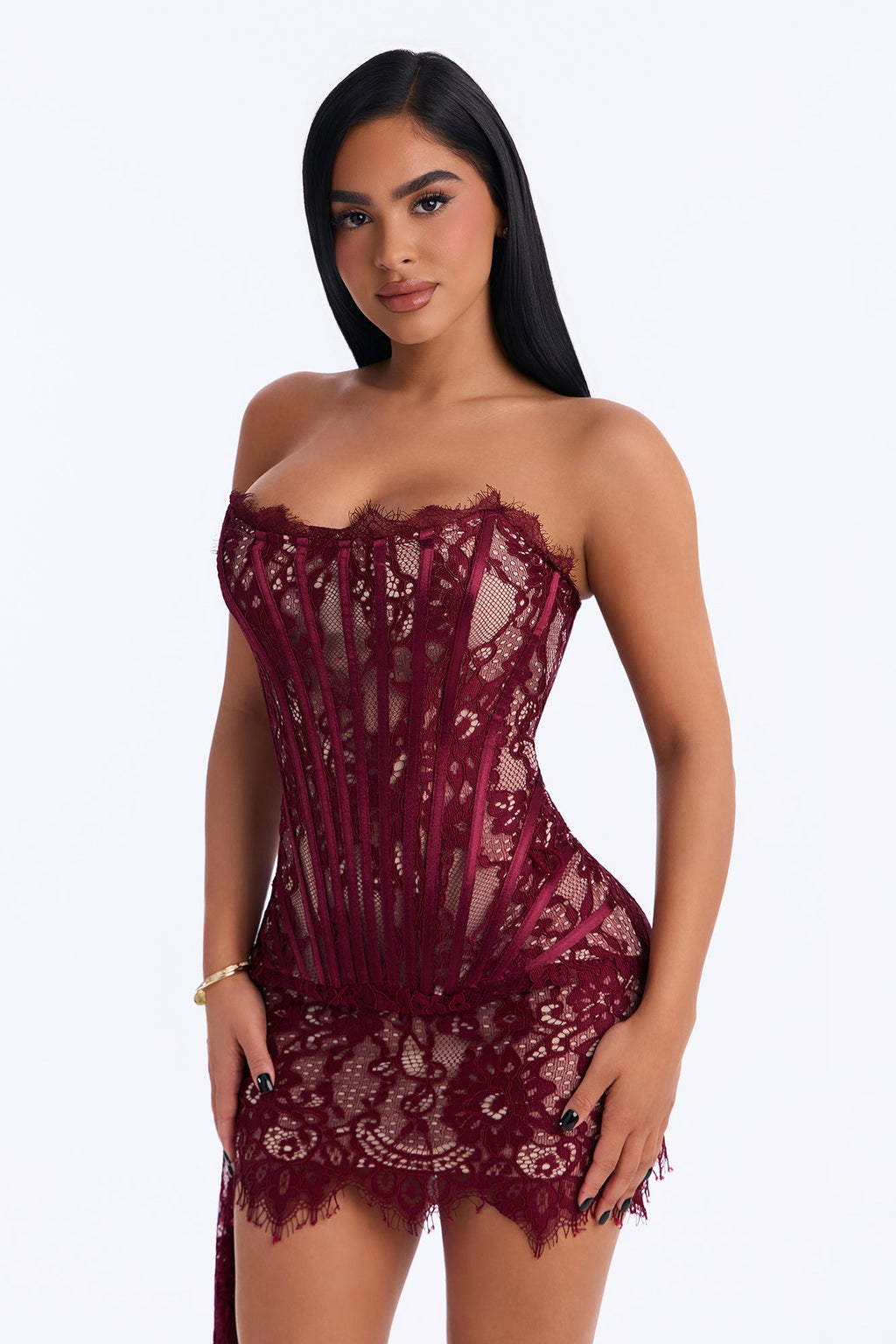 Aubrey Corset Lace Mini Dress - Burgundy