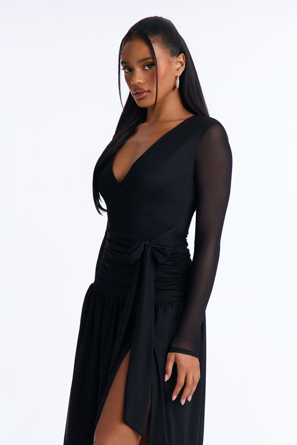 Jaylen Tie Front Mesh Midi Dress - Black