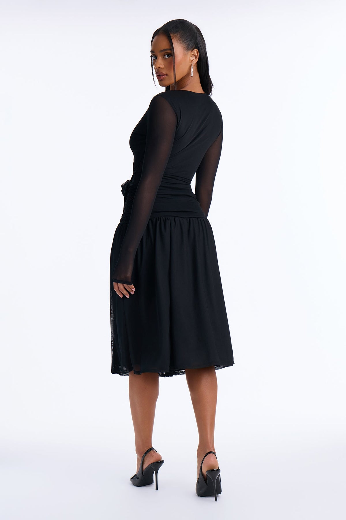 Jaylen Tie Front Mesh Midi Dress - Black