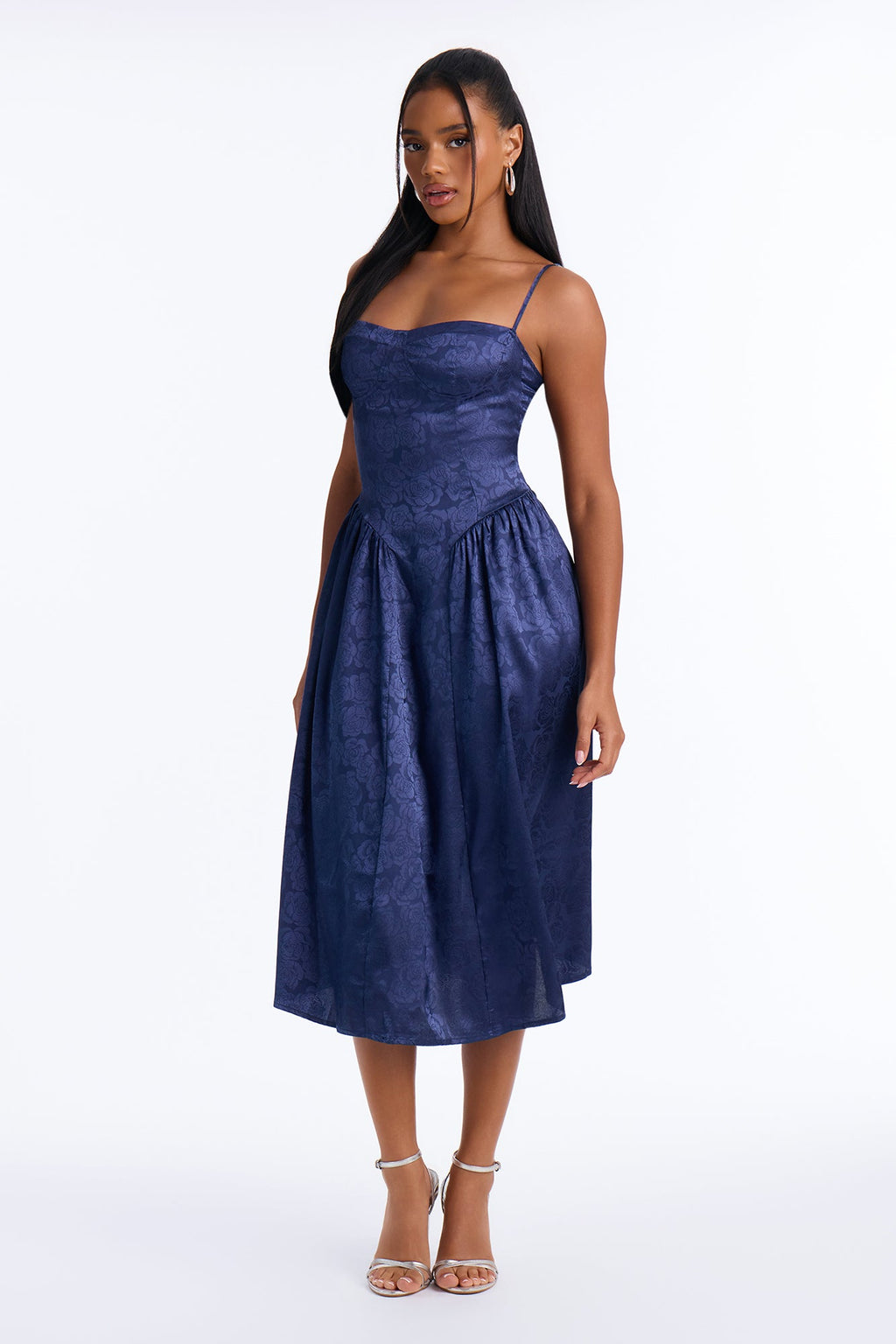 Stacey Satin Corset Midi Dress - Navy