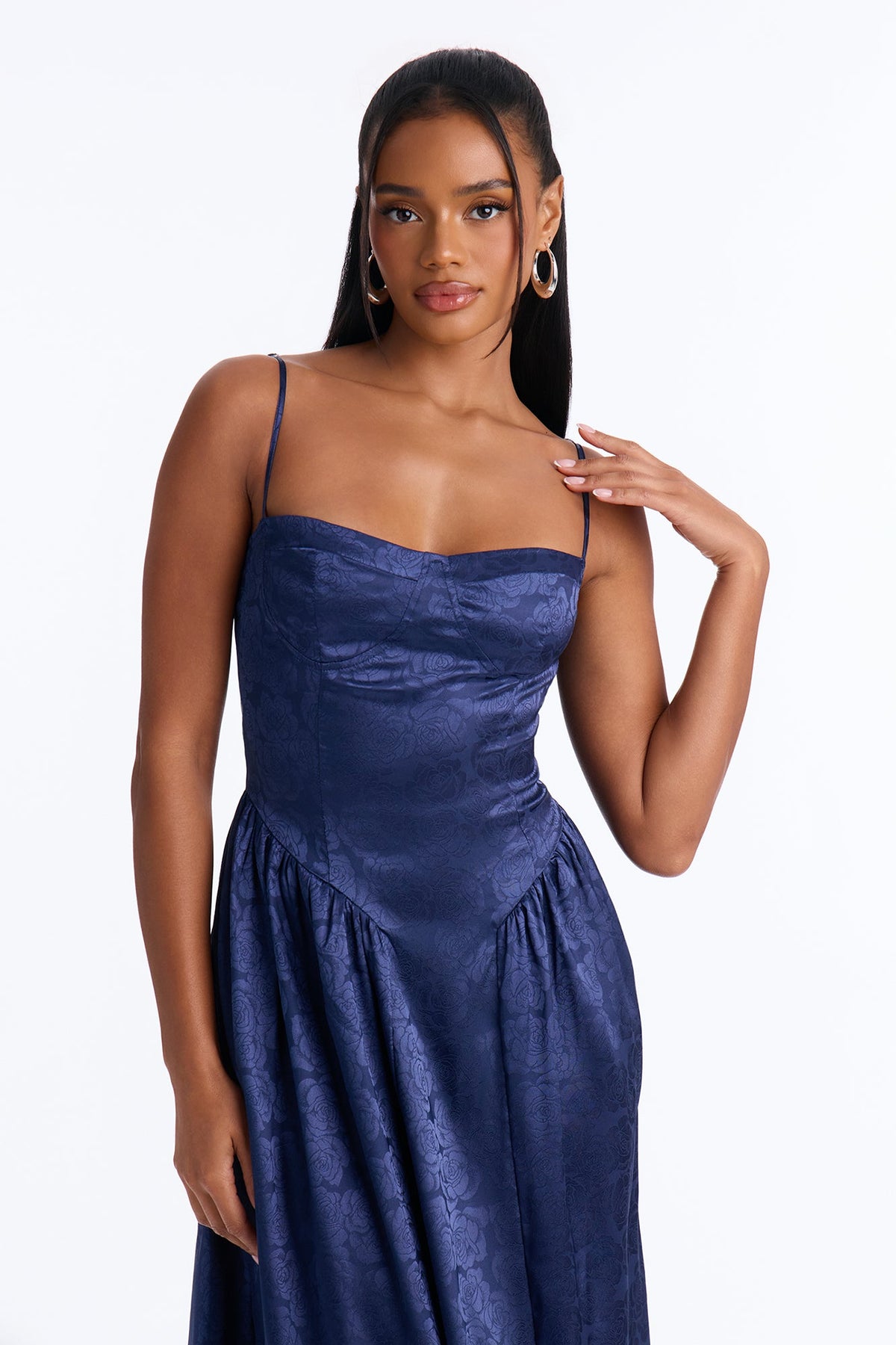 Stacey Satin Corset Midi Dress - Navy