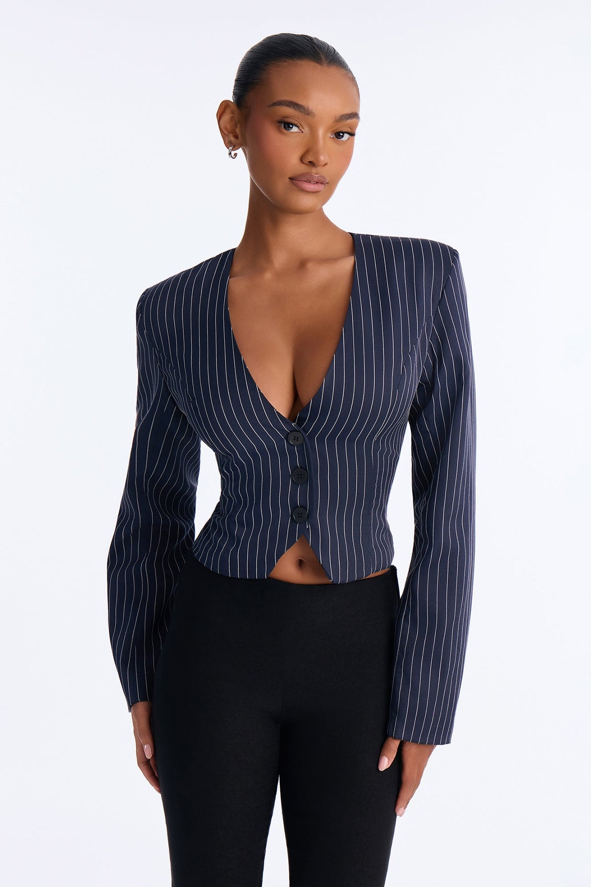 Kian Pinstripe Cropped Blazer Top - Navy