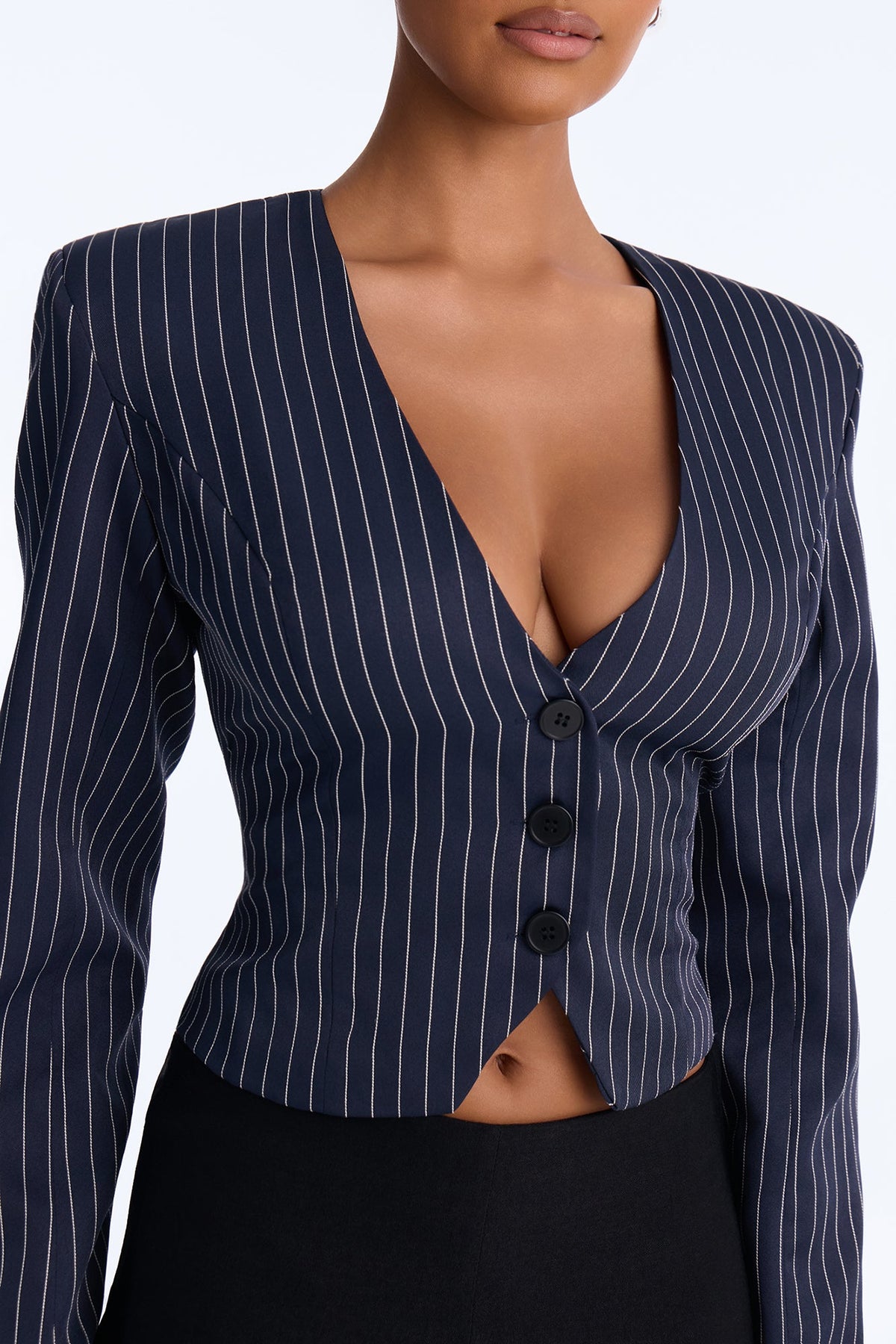 Kian Pinstripe Cropped Blazer Top - Navy