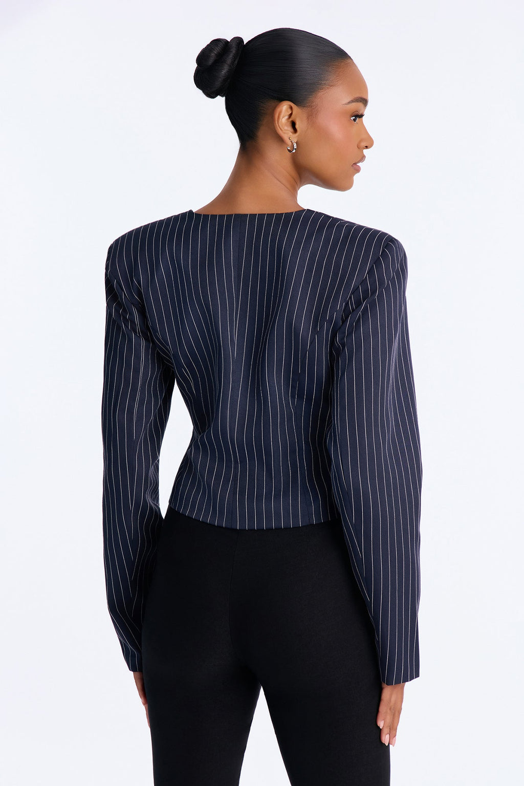 Kian Pinstripe Cropped Blazer Top - Navy